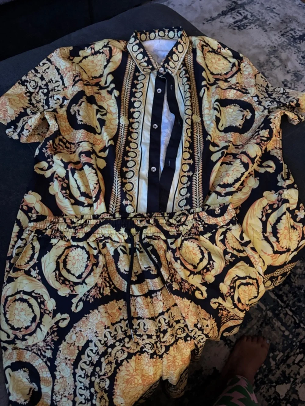 Source Unknown Black and Gold Baroque Print Button-Front Shirt and shorts - Picture 1 of 3